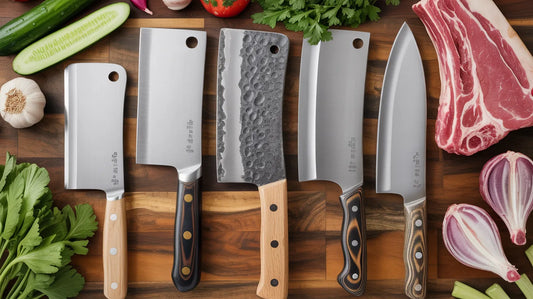 Assorted cleaver knives including Chinese vegetable cleaver, Western meat cleaver, and Japanese nakiri and usuba displayed with vegetables and meat on a wooden board.