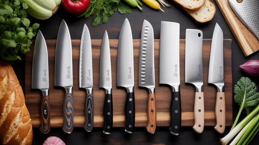 Assorted kitchen knives including chef’s knife, santoku, nakiri, paring, serrated bread knife, cleaver, fillet knife, and yanagiba displayed on a wooden board with fresh ingredients.