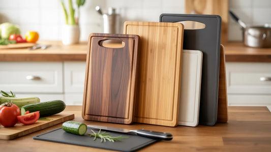 Non-toxic cutting boards including walnut hardwood, bamboo, and rubber boards with fresh vegetables in a clean modern kitchen setting.