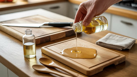 Food grade mineral oil applied to a wooden cutting board and spoons with a glass bottle and cloth in a clean kitchen setting.